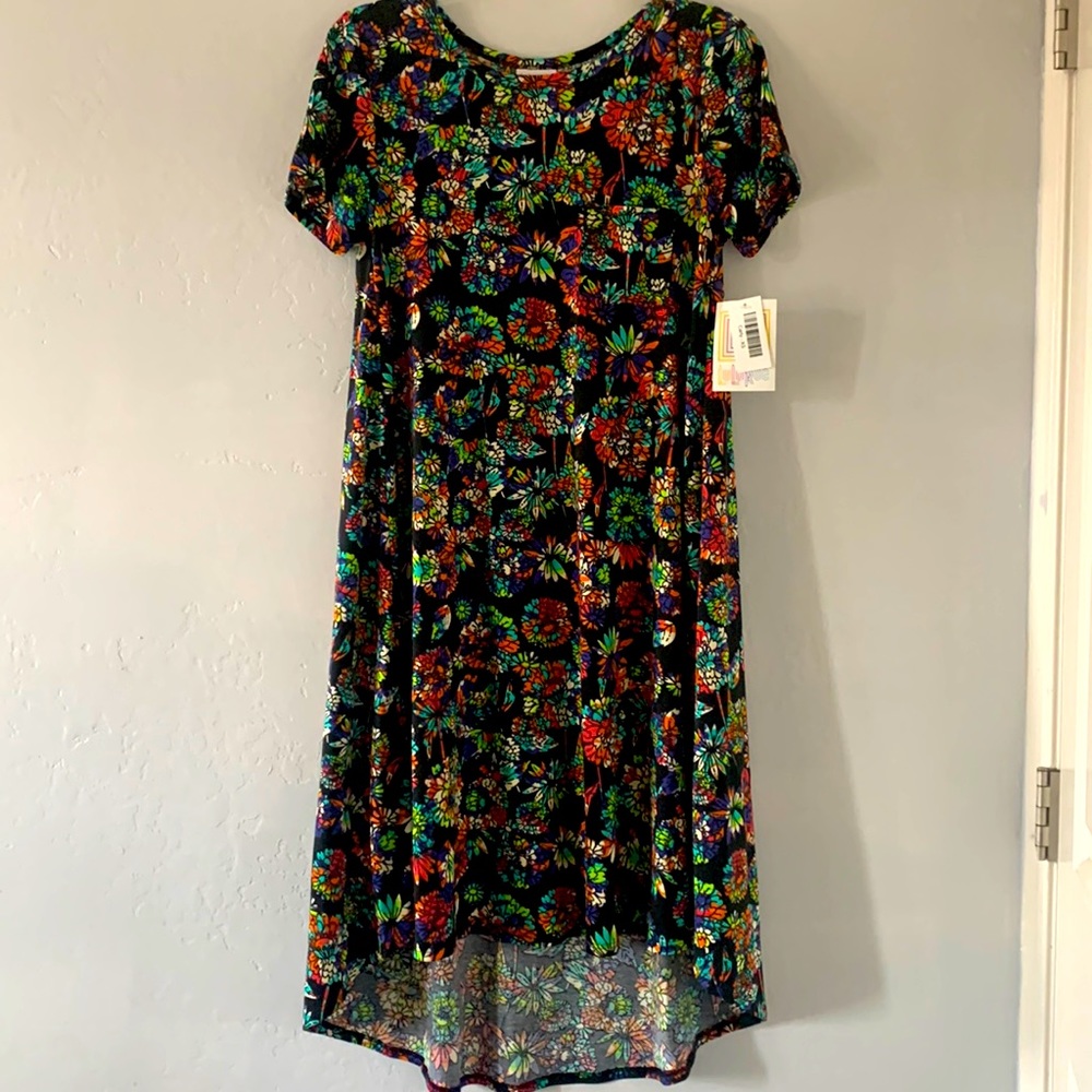 LULURAE CARLY BLACK FLORAL TUNIC DRESS SHORT SLEEVE MULTI COLORED SIZE XS